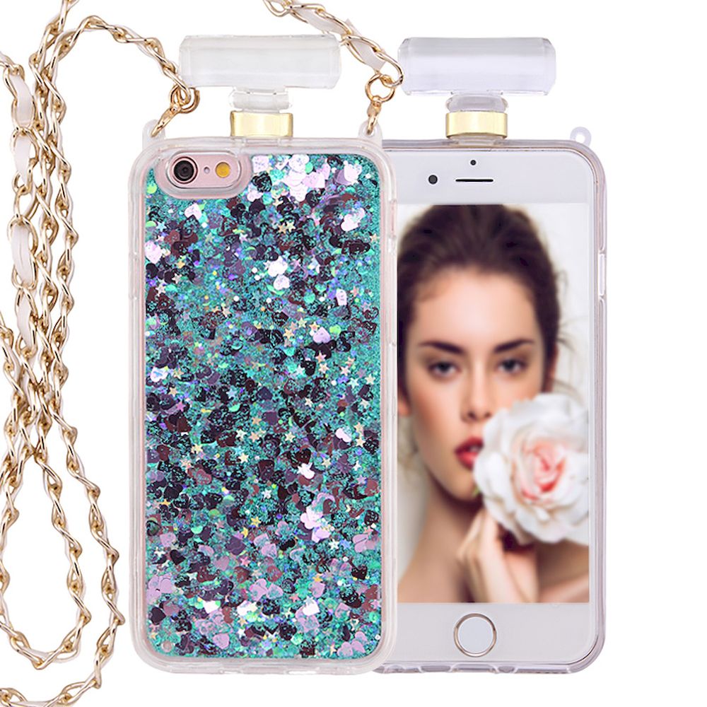 iPhone SE 2022 / 2020 / 8 / 7 PERFUME Bottle Glitter Shake Star Dust Necklace Case (Green)